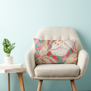 Chic Aqua Turquoise Coral Red Seashells Patroon Kussen