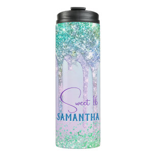 Chic aqua Unicorn Glitter verjaardagsmonogram Thermosbeker