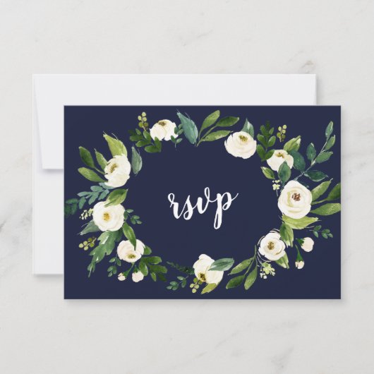 Chic Aquarelle Blanc Floral Wreath Bleu foncé RSVP (Devant)