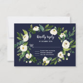 Chic Aquarelle Blanc Floral Wreath Bleu foncé RSVP (Dos)