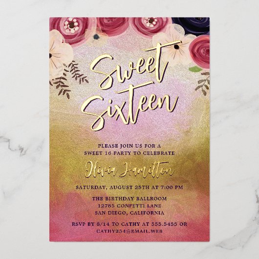Chic Aquarelle Floral Sweet 16 Foil Invitation (Recto)