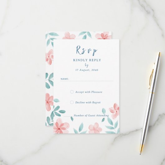 Chic Aquarelle rose Floral Invitation Cartes RSVP (Devant/Arrière en situation)