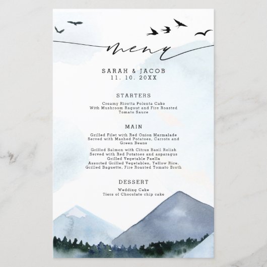 Chic Ardoise Blue Mountains Menu Mariage Script (Devant)