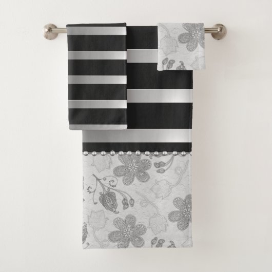 Chic Argent Rayures Noires Florales (En situation)