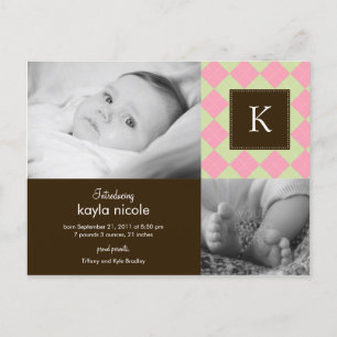 Chic Argyle Baby Girl Geboorteaankondiging Aankondigingskaart