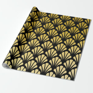 Chic Art Deco Fan Pattern Black & Faux Gold Foil Cadeaupapier