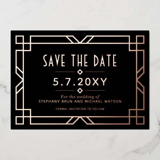 Chic Art Deco Save the Date Black Roos Gold Kaart (Voorkant)