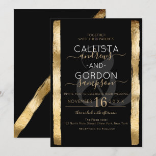 Chic Artsy Zwart Goud Brushstroke Lijst Wedding Kaart