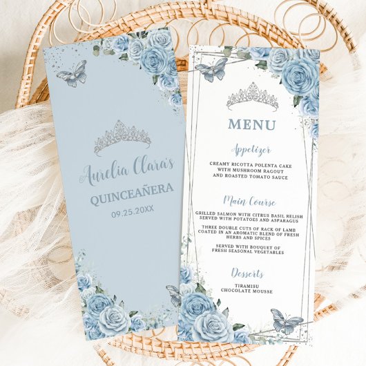 Chic Baby Blue Floral Butterflies Quinceañera Menu
