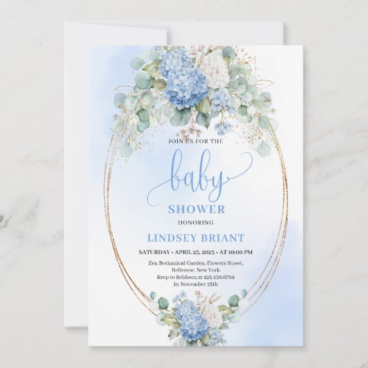 Chic Baby Shower Invitation Blue Hydrangeas Gold (Devant)