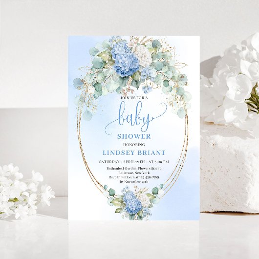 Chic Baby Shower Invitation Blue Hydrangeas Gold Kaart