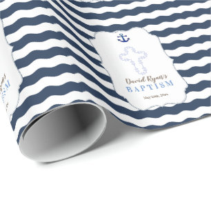 Chic Baptism Nautical Navy Waves Anchor Cadeaupapier
