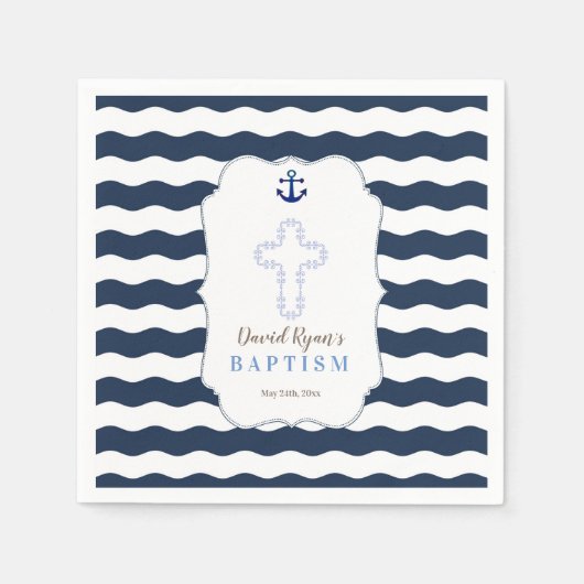 Chic Baptism Nautical Navy Waves Anchor Servetten (Voorkant)