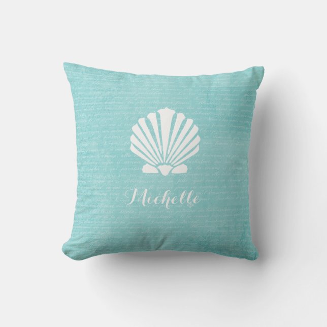 Chic Beach Girly Aqua Scallop Shell met naam Kussen (Voorkant)