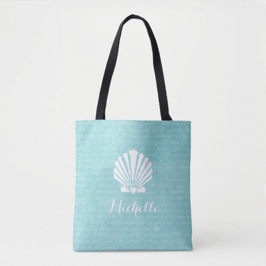 Chic Beach Girly Aqua Scallop Shell met naam Tote Bag (Voorkant)