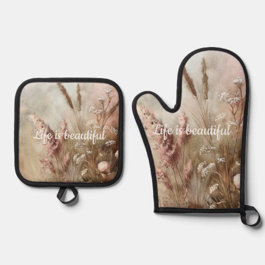  Chic Beige Blush Boho Bloemen Ovenwant & Pannenlap Set (Voorkant)