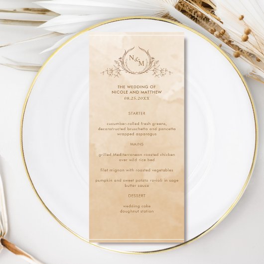 Chic Beige Cream Watercolor, monogram Wedding Menu