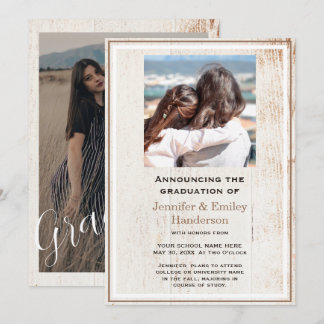Chic Beige photo double graduation Announcement Kaart