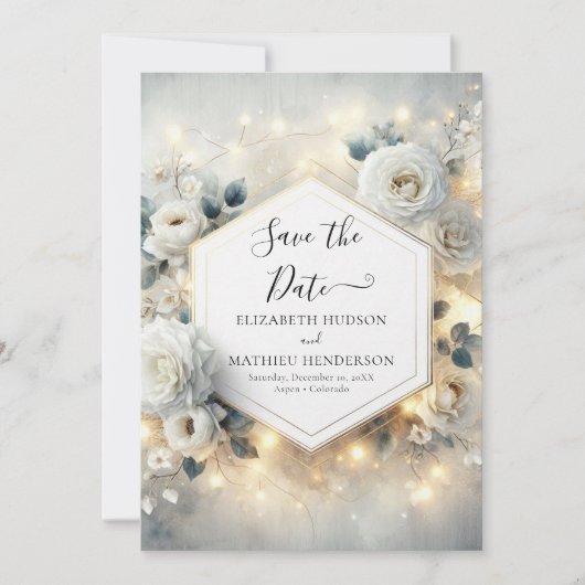Chic bewerkbare witte rozen bruiloft save the date (Voorkant)