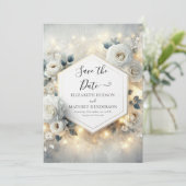 Chic bewerkbare witte rozen bruiloft save the date (Staand voorkant)