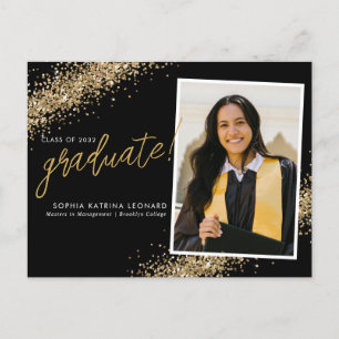 Chic Black Afstuderen Gold Glitter Photo Afstudere Aankondigingskaart