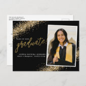 Chic Black Afstuderen Gold Glitter Photo Afstudere Aankondigingskaart (Voorkant / Achterkant)