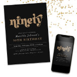 Chic Black and Gold 90th Birthday Party Invitation<br><div class="desc">Chic Black and Gold 90th Birthday Party Invitation. Faites de votre fête d'anniversaire un événement marquant avec notre design glamour noir et or, exubérant sophistication et luxe. Célébrez cette occasion spéciale en style avec des accents élégants qui créent une atmosphère éblouissante. La combinaison frappante de noir et d'or ajoute une...</div>