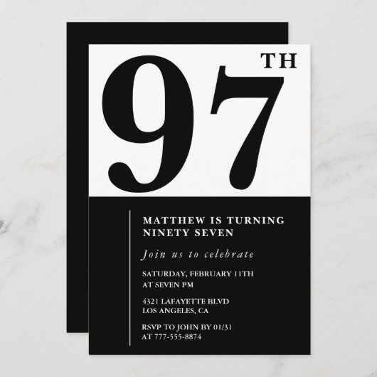 Chic Black and White 97e anniversaire invitation (Devant / Derrière)