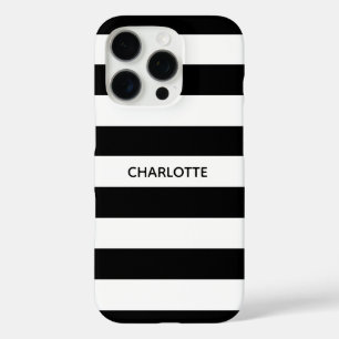 Chic black and white stripes custom name monogram iPhone 16 pro hoesje