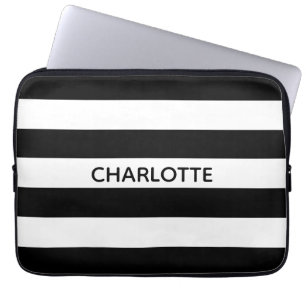 Chic black and white stripes custom name monogram laptop sleeve