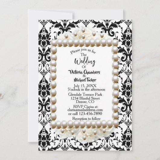 Chic Black $ Blanc Damask Pearl Faire-part de mari (Devant)