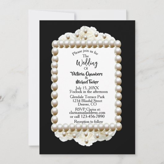 Chic Black $ Blanc Damask Pearl Faire-part de mari (Devant)