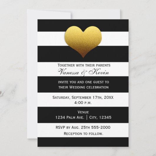Chic Black Blanc Gratté Or Coeur Invitation (Devant)
