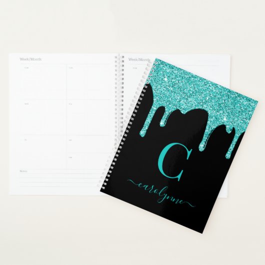 Chic Black Blauwgroen Glitter Dripping Luxury Planner (Display)