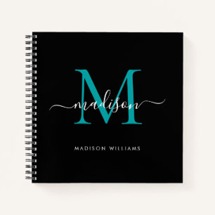 Chic Black Blauwgroen Green Monogram Initiaal Scri Notitieboek