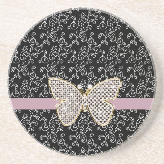 Chic Black Bloemen Juweel Butterfly Zandsteen Onderzetter (Voorkant)