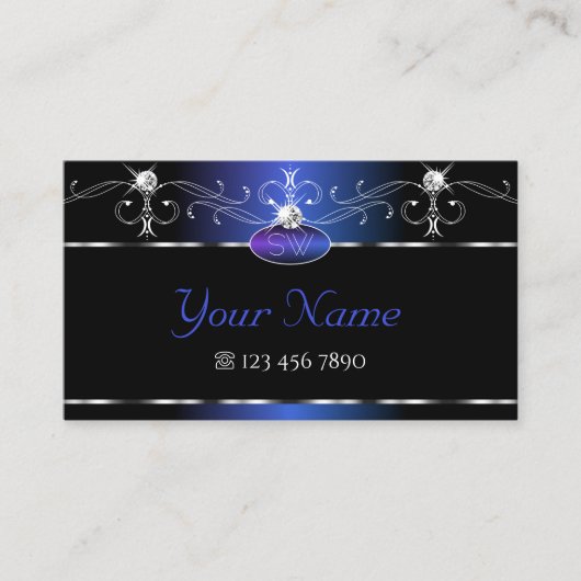 Chic Black Blue Squiggles Sparkle Jewels Initialen Visitekaartje (Voorkant)