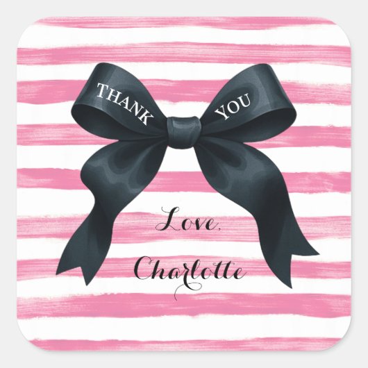 Chic Black Bow Pink White Stripe Vierkante Sticker (Voorkant)