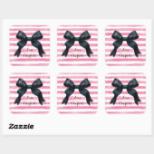 Chic Black Bow Pink White Stripe Vierkante Sticker (Vel)