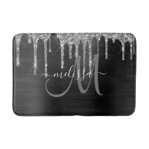 Chic Black Dripping Glitter Brusal Monogram Badmat