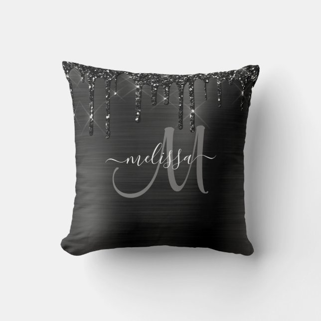 Chic Black Dripping Glitter Brushed Metal Monogram Kussen (Voorkant)