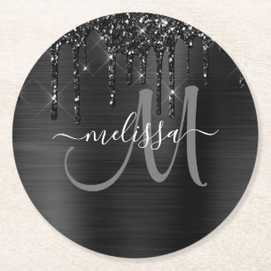 Chic Black Dripping Glitter Brushed Metal Monogram Ronde Kartonnen Onderzetter