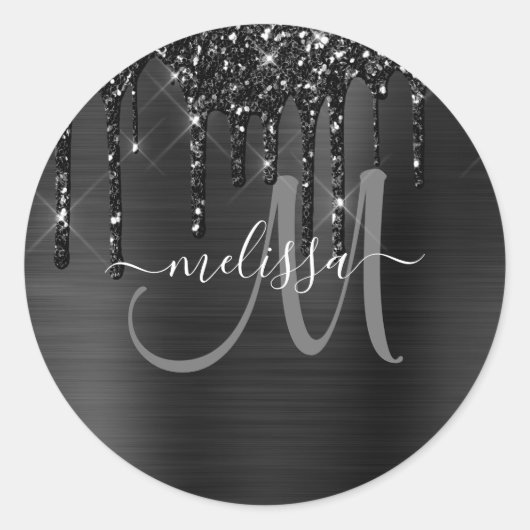 Chic Black Dripping Glitter Brushed Metal Monogram Ronde Sticker (Voorkant)