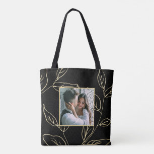 Chic Black en Faux Gold Botanical met Foto Tote Bag