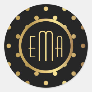 Chic Black en Gold Polka Dots met monogram Ronde Sticker