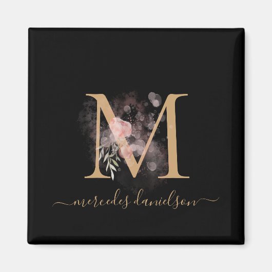 Chic Black en Gold Script Floral Monogram Magneet (Voorkant)