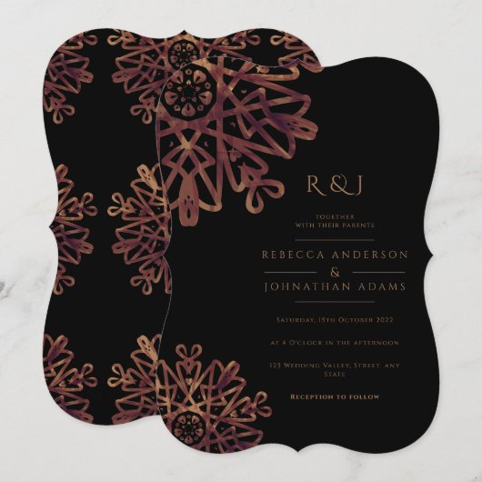 Chic Black en Golden Ornamental Pattern Wedding Kaart (Voorkant / Achterkant)