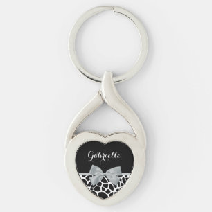 Chic Black en White Giraffe Print Silver Grey Bow Sleutelhanger