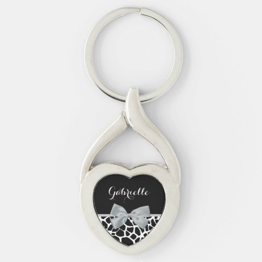 Chic Black en White Giraffe Print Silver Grey Bow Sleutelhanger (Voorkant)
