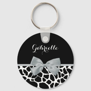 Chic Black en White Giraffe Print Silver Grey Bow Sleutelhanger